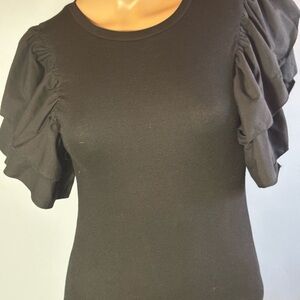 Zara Black Ribbed Ruffle Sleeve Bodysuit Size Medium